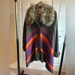 Olive Green Knit Sweater Coat with Faux Fur Collar - Women's
